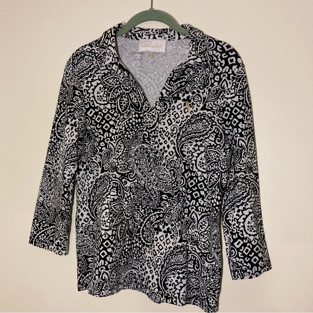 Pappagallo Paisley Top | Size M | Black and White | Stretchy | 3/4 Sleeve